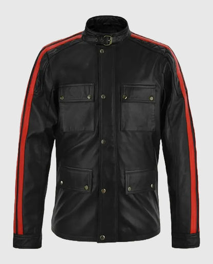 Vin Diesel Black Leather Jacket with Red Stripes