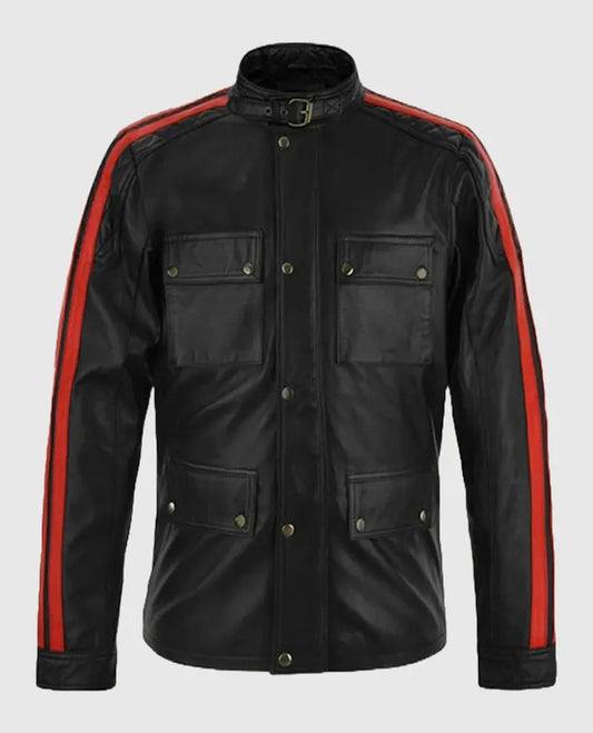 Vin Diesel Black Leather Jacket with Red Stripes