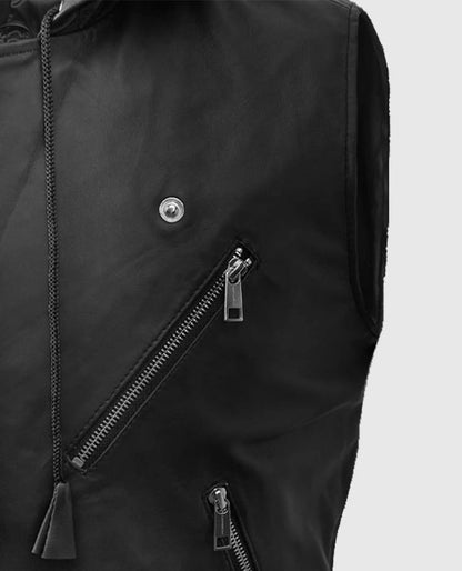 Men’s Black Biker Style Leather Hooded Vest