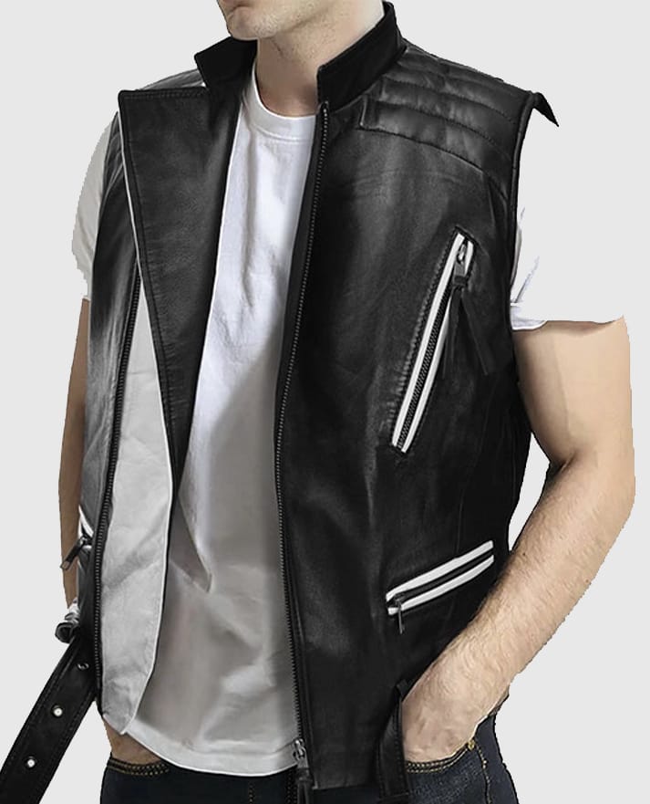 Men’s Black Belted Biker Vest with White Highlights