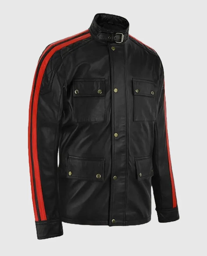 Vin Diesel Black Leather Jacket with Red Stripes