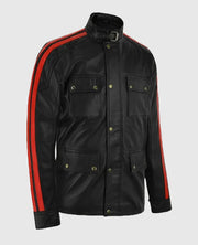 Vin Diesel Black Leather Jacket with Red Stripes