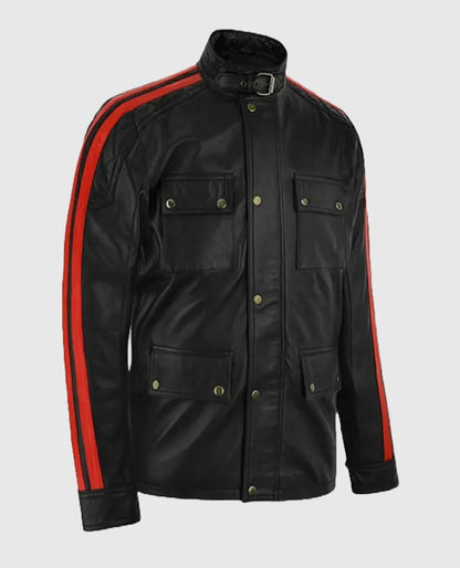 Vin Diesel Black Leather Jacket with Red Stripes