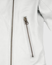Women's Round Neck White Biker Leather Jacket