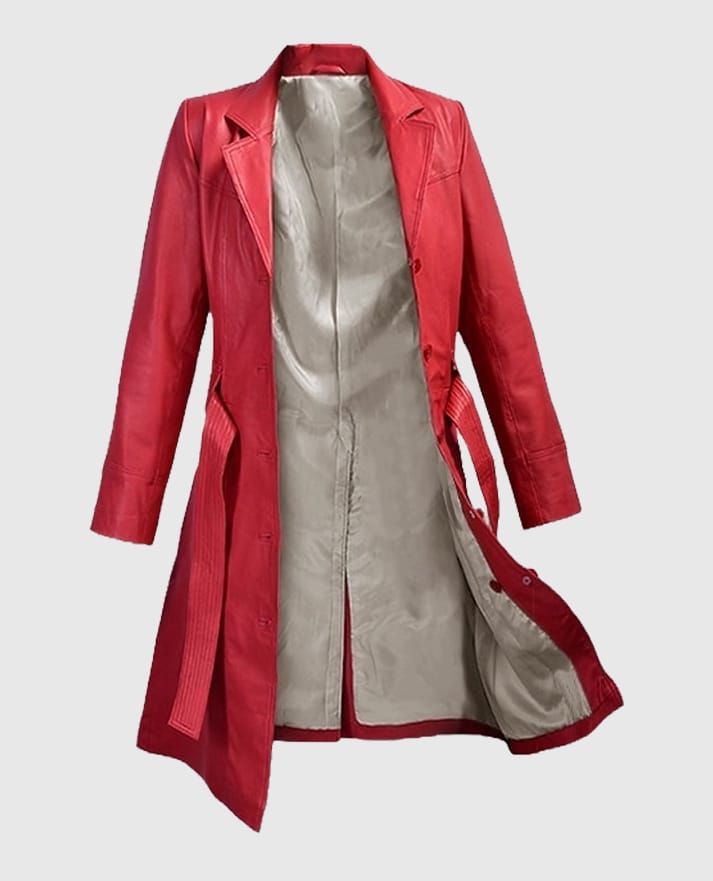 Women's Soft Raspberry Red Rita Ora Leather Long Coat