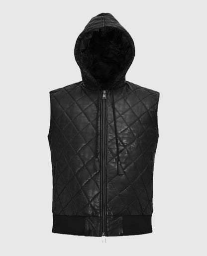 Black Quilted Hooded Leather Vest