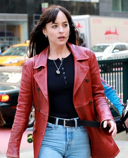 Dakota Johnson Red Leather Trench Coat