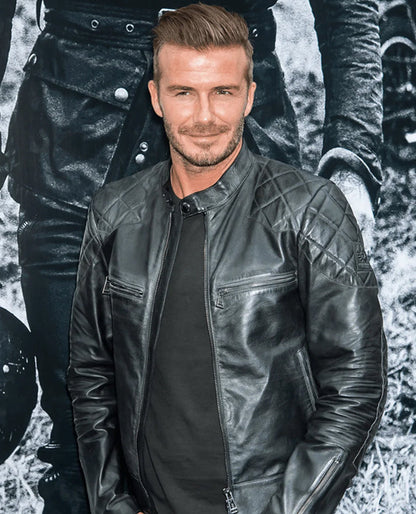 David Beckham Quilted Style Black Leather Biker Jacket