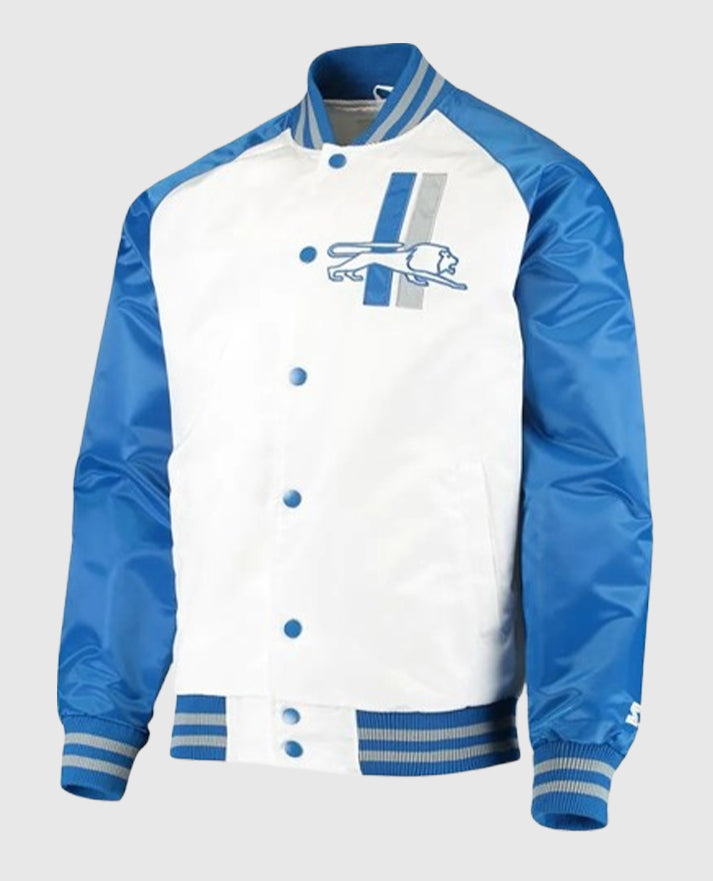 Detroit Lions Clean Up Throwback White/Blue Satin Jacket