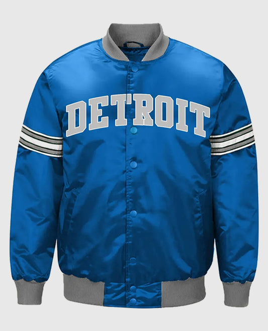 Detroit Lions Striped Blue Satin Varsity Jacket