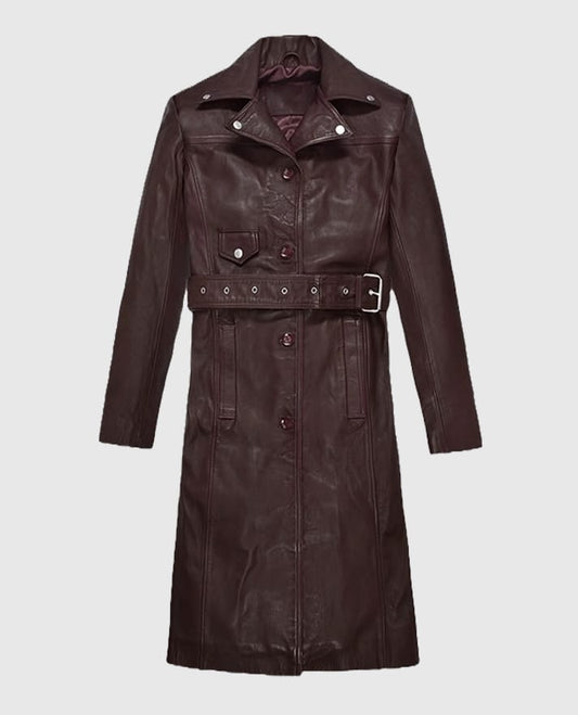 Eiza Gonzalez Burgundy Leather Trench Coat