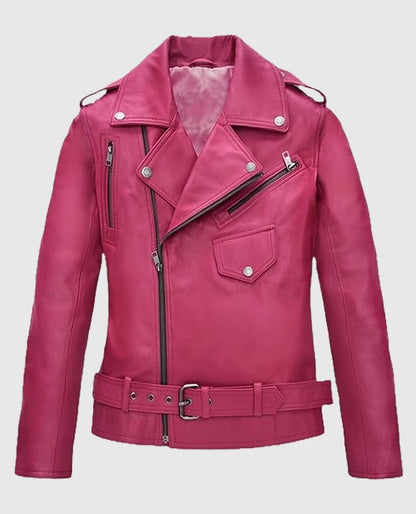 Jessica Alba Pink Leather Biker Jacket