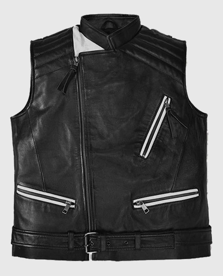 Men’s Black Belted Biker Vest with White Highlights