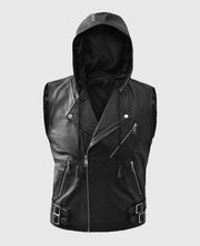 Men’s Black Biker Leather Hooded Vest