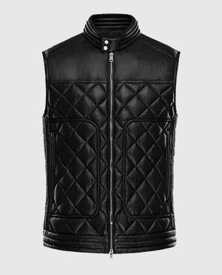 Men’s Black Leather Vest with Quilted Design