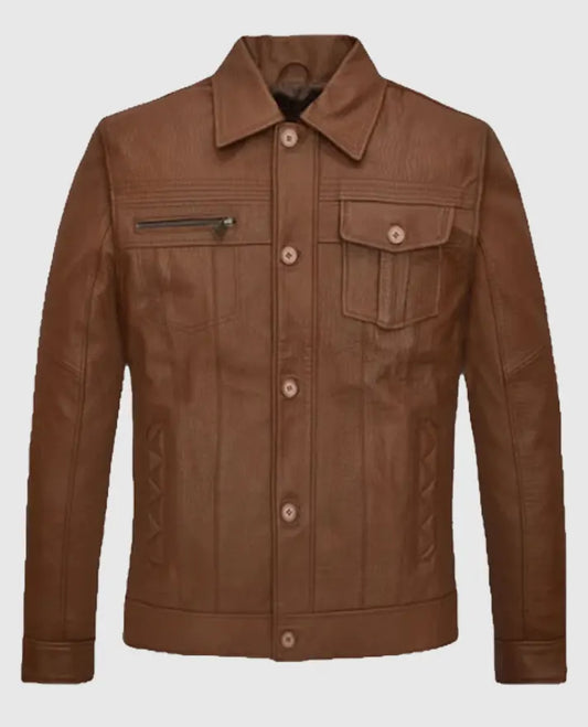 Men’s Brown Leather Trucker Jacket