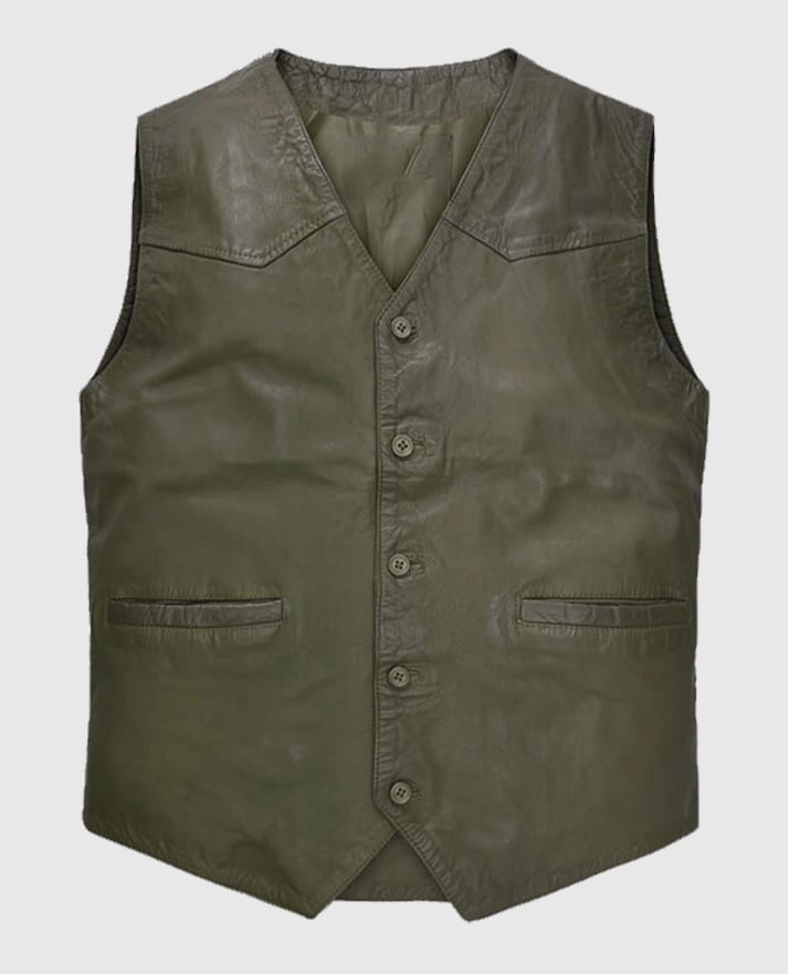Men's Basicallo Green Washed and Wax Leather Vest