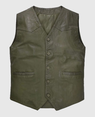 Men's Basicallo Green Washed and Wax Leather Vest