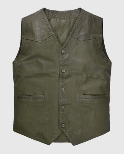 Men's Basicallo Green Washed and Wax Leather Vest