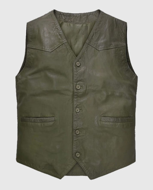 Men's Basicallo Green Washed and Wax Leather Vest