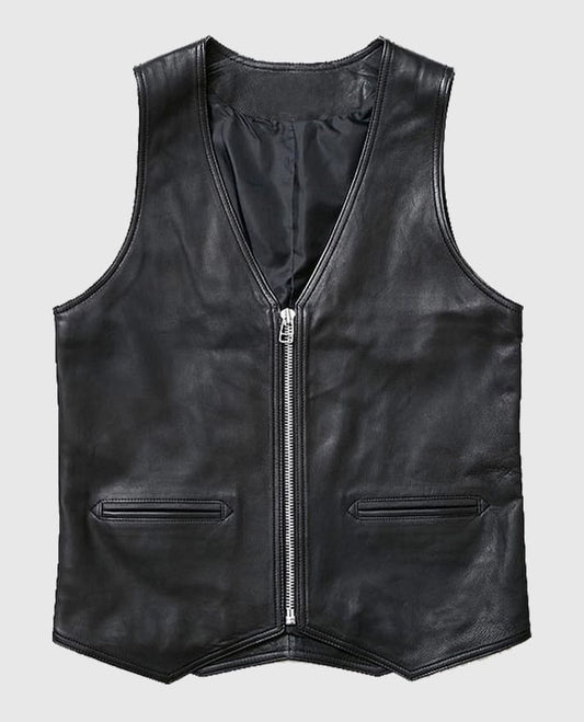Men's Stylish V-Neck Black Leather Vest
