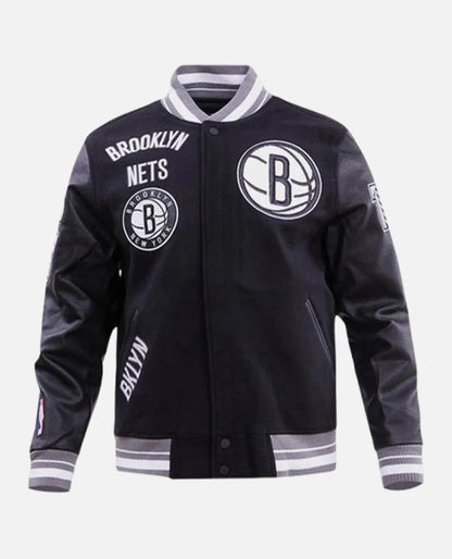 NBA Brooklyn Nets Rib Wool Black Varsity Jacket
