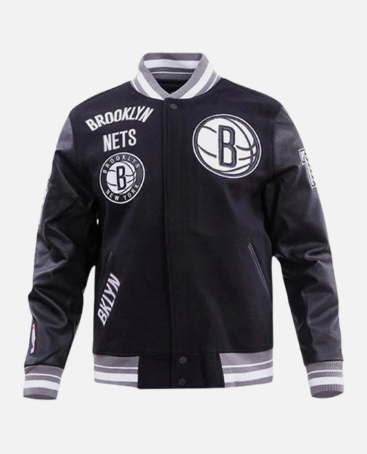NBA Brooklyn Nets Rib Wool Black Varsity Jacket