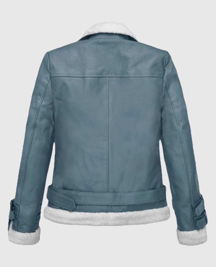 Rita Ora Blue Shearling Biker Leather Jacket