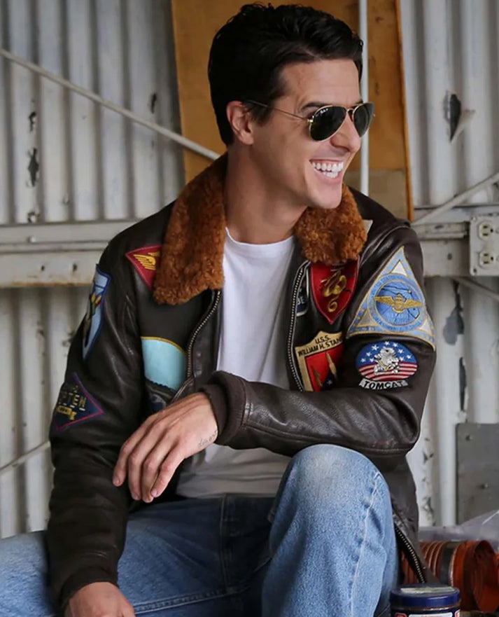 Top Gun Series Tom Cruise Bomber Leather Jacket with Removable Fur