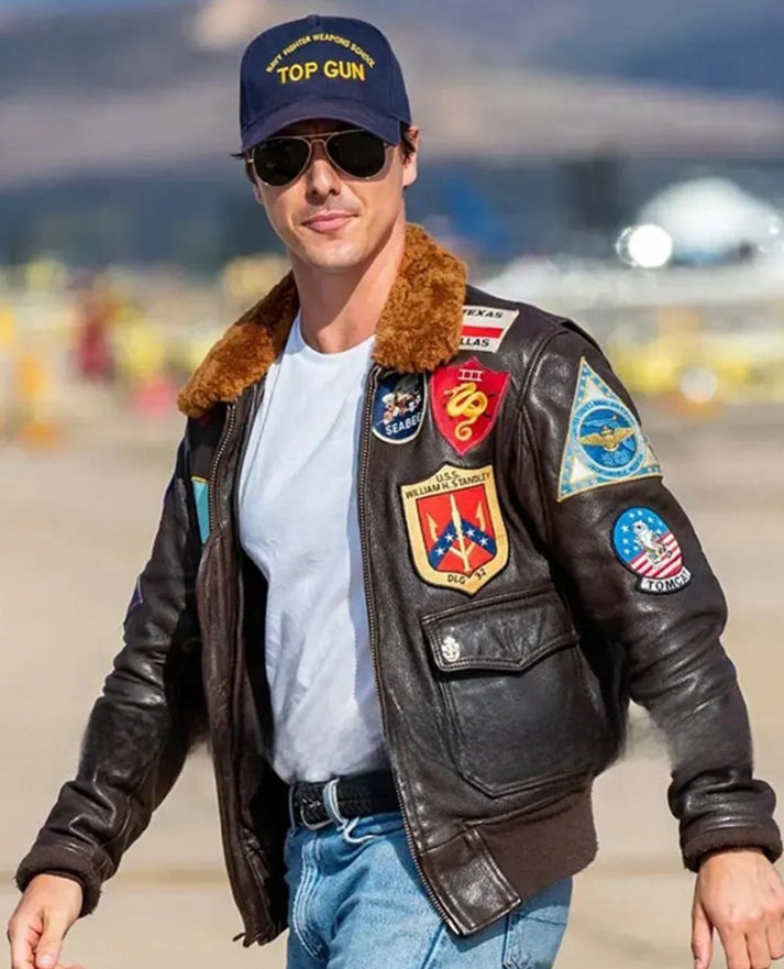 Top Gun Tom Cruise Bomber Leather Jacket with Removable Fur