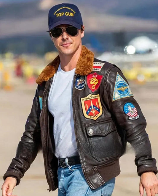 Top Gun Tom Cruise Bomber Leather Jacket with Removable Fur