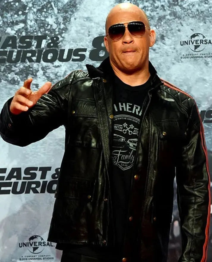 Vin Diesel Black Leather Jacket with Red Stripes