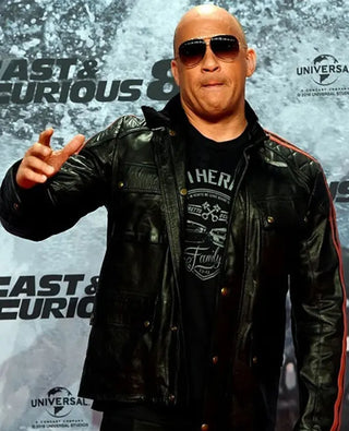 Vin Diesel Black Leather Jacket with Red Stripes