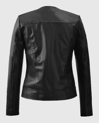 Women's Collarless Black Leather Biker Jacket