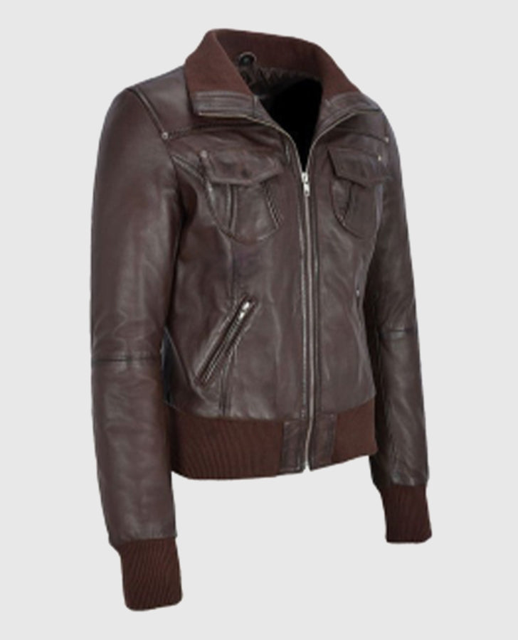 Women's Aviator Brown Bomber Leather Jacket side 