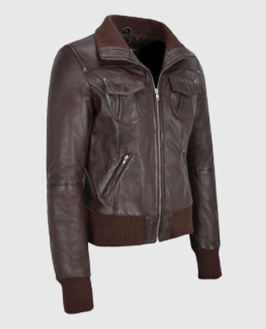 Women's Aviator Brown Bomber Leather Jacket side 