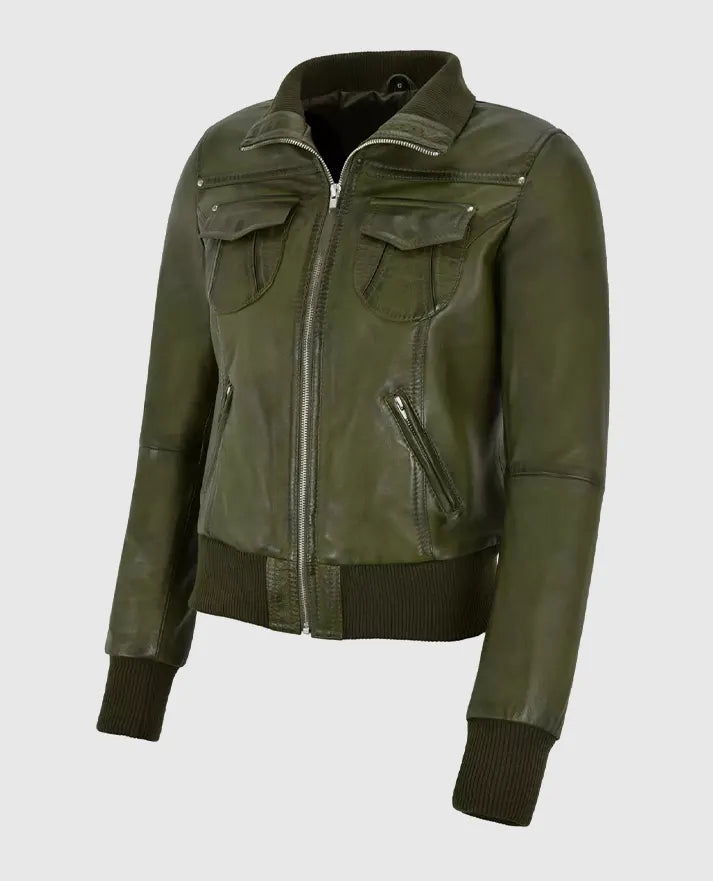 Women's Aviator Olive Aviator Bomber Leather Jacket Side