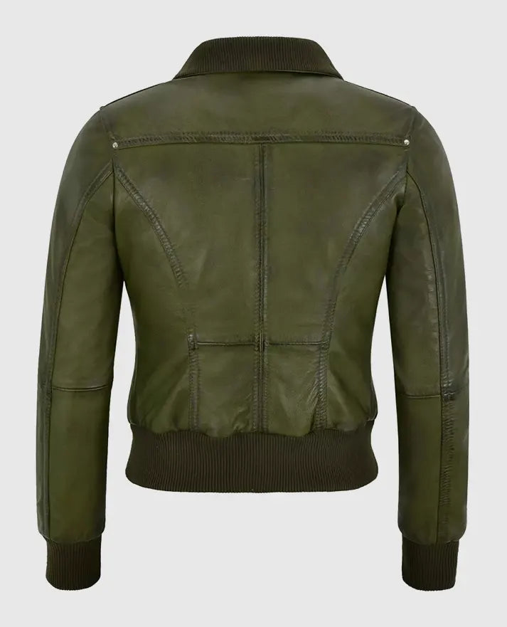 Women's Aviator Olive Aviator Bomber Leather Jacket back