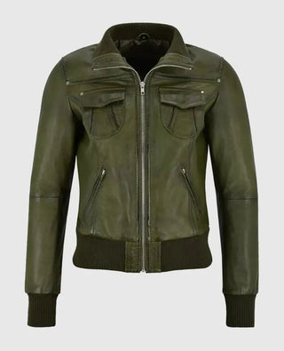 Women's Aviator Olive Aviator Bomber Leather Jacket