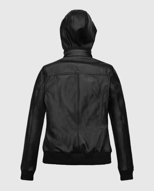 Women's Detachable Hood Leather Jacket