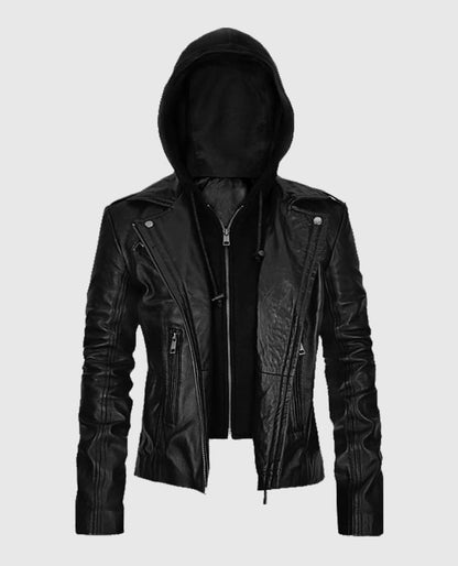 Women's Hooded Biker Leather Jacket