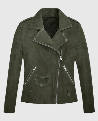 Women's Olive Suede Moto Leather Jacket