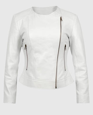 Women's Round Neck White Biker Leather Jacket