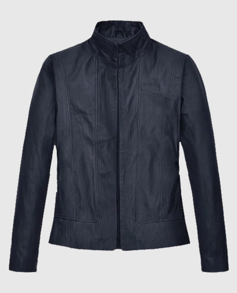 Women's Stand-Up Collar Black Leather Jacket