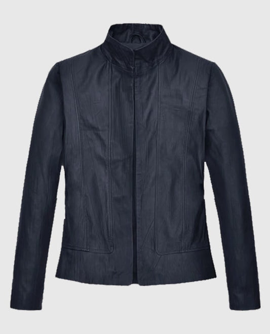 Women's Stand-Up Collar Black Leather Jacket