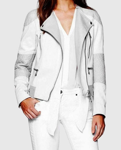 Women's White & Silver Quilted Moto Jacket